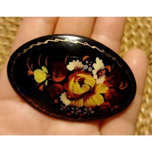 Vintage Oval Flower Black Lacquer Russian Style Brooch Pin Signed Hand Painted